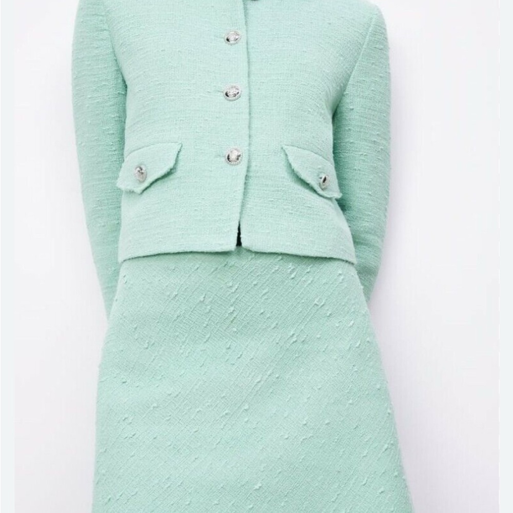 Zara Textured Aquamarine Blazer And Skirt